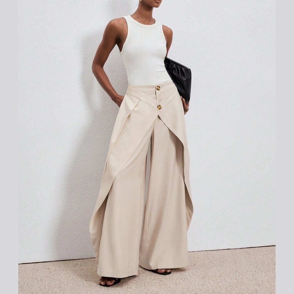 Cream Layered Wrap Front Button Detail Wide Leg Trousers